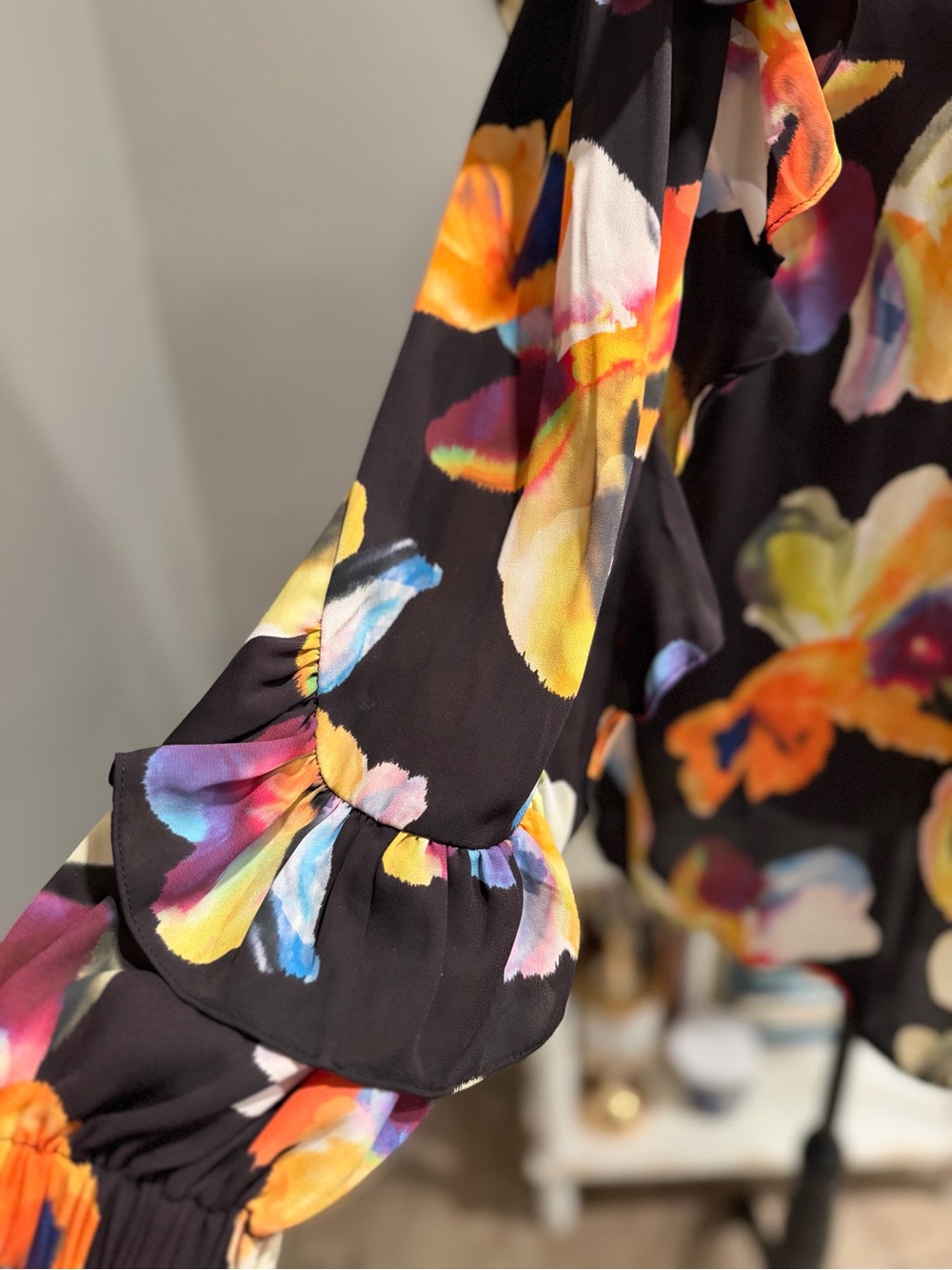 Chico's chiffon botanical Black Floral Ruffle-Sleeve Button Blouse - Picture 8 of 11